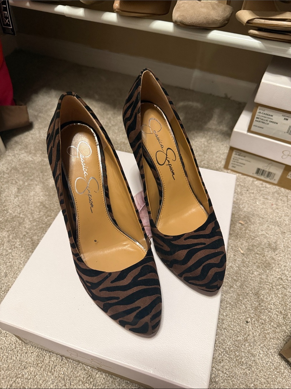 Jessica Simpson Brown and Black Zebra-Print Pointed Toe Heels